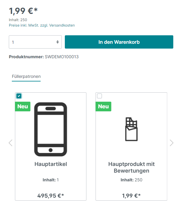 Frontend Zubehörartikel Schnellauswahl