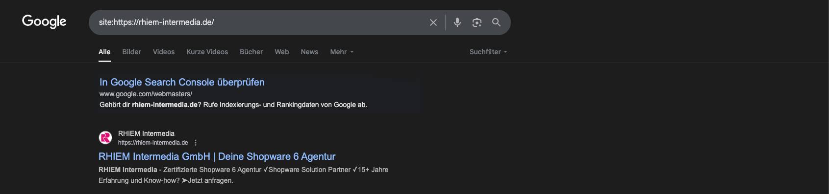 Das Bild zeigt einen Screenshot von Google, auf welchem der Suchoperator site verwendet wurde.