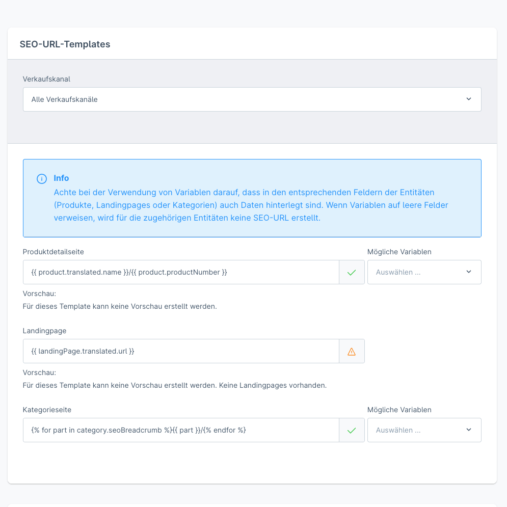 Das Bild zeigt einen Screenshot aus den Shopware 6 SEO Einstellungen der URLs 