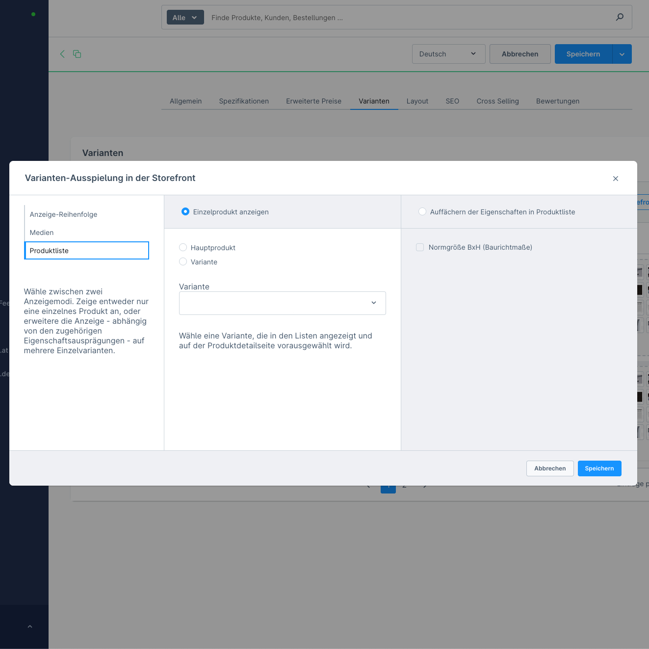 Das Bild zeigt einen Screenshot aus einem Shopware 6 Adminbereich, in welchem über die Storefront Darstellung die Anzeige von Hauptprodukten eingestellt werden kann.
