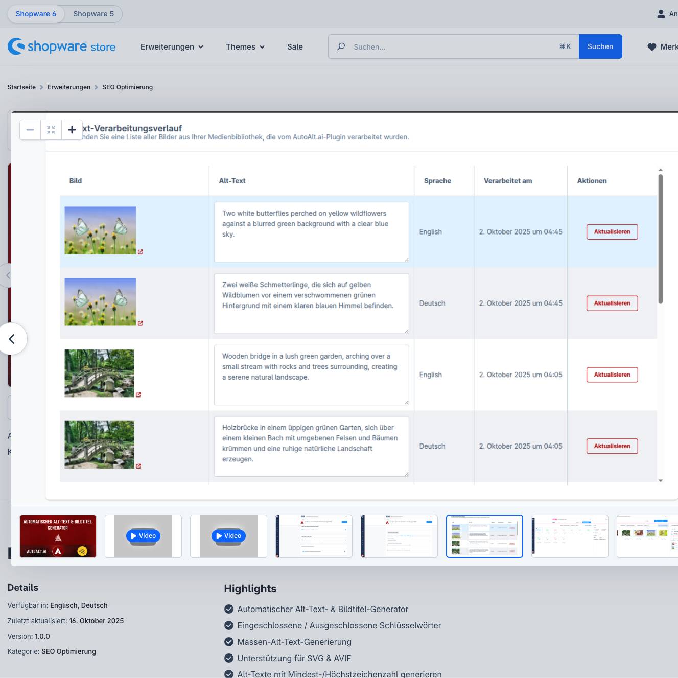 Das Bild zeigt einen Screenshot aus der Shopware Erweiterung Automatischer Alt-Text-Generator für Bilder