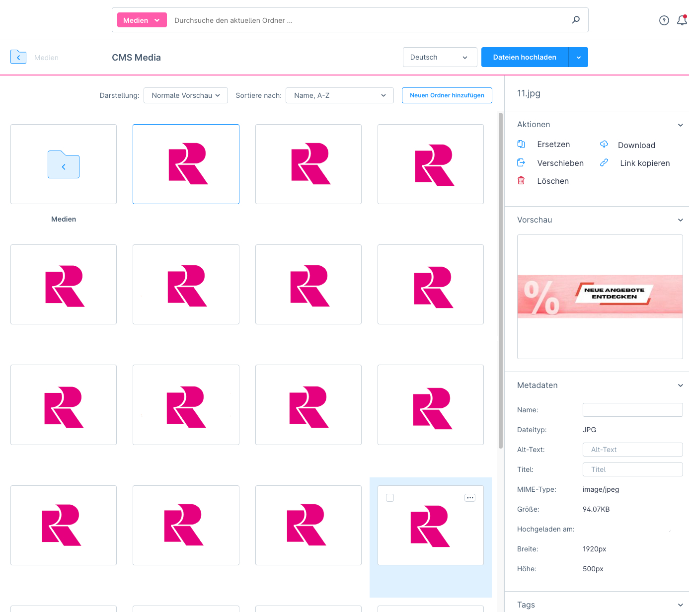 Das Bild zeigt einen Screenhot aus der Shopware Mediathek, wo sich die Meta Angaben des Bildes editieren lassen