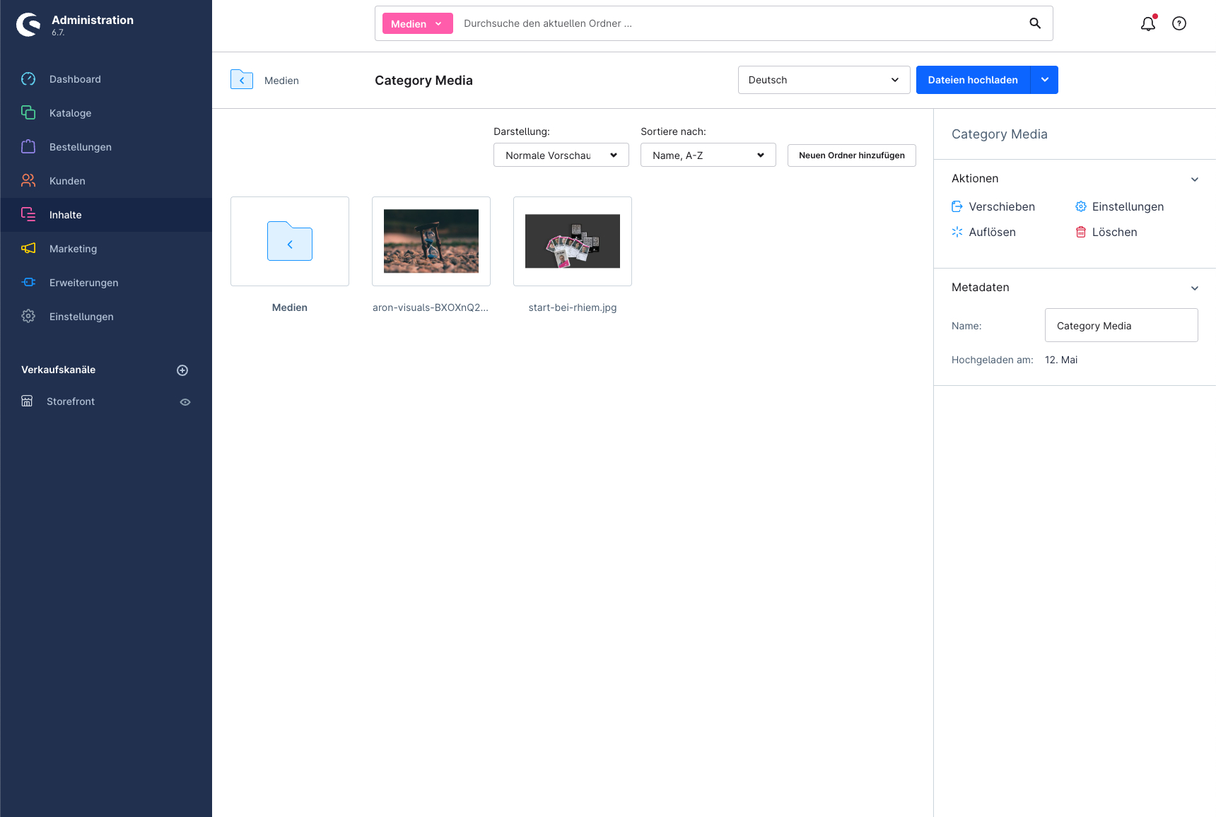Der Screenshot zeigt, wie Medien in Shopware 6 ersetzt, verschoben oder gelöscht werden können