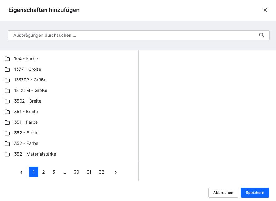 Screenshot aus dem Shopware Backend - hier lassen sich die Eigenschaften hinzufügen