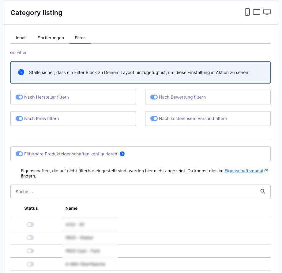 Screenshot aus der Shopware Admin, wo Filter pro Kategorie gesteuert werden können