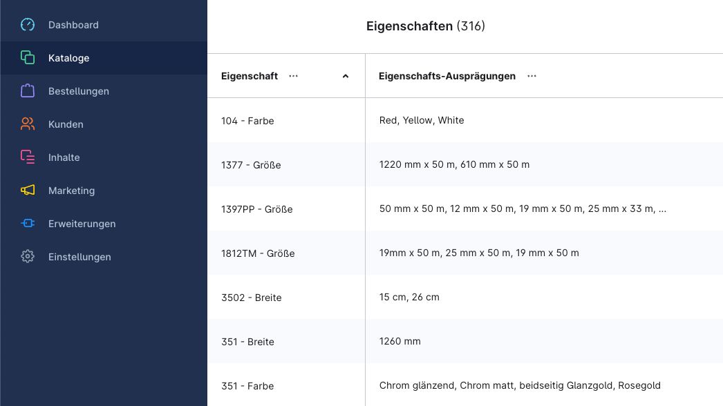 Das Bild zeigt einen Screenshot aus der Shopware Admin wo sich die Eigenschaften definieren lassen.