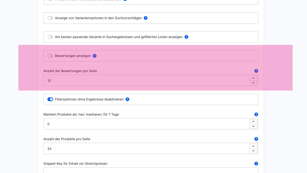 Screenshot aus den Konfigurationsoptionen der Bewertungen
