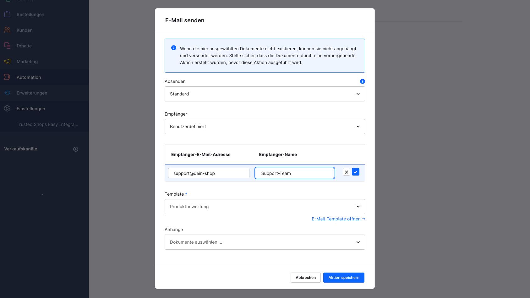 Produktbewertungs eMail Konfigurationsoptionen
