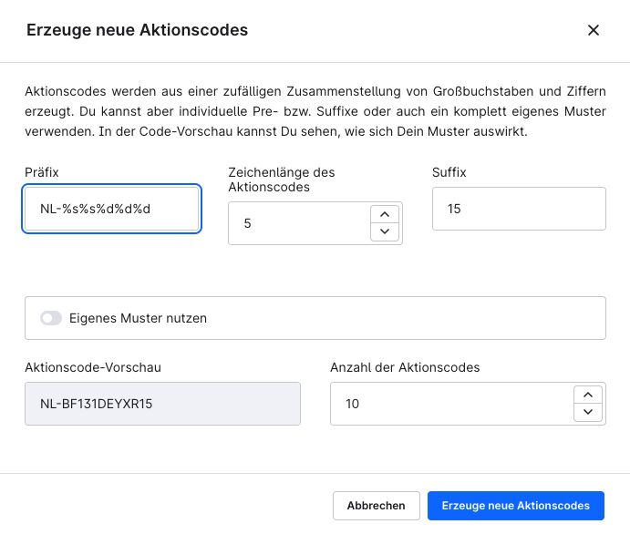 Das Bild zeigt die Einstellungen, wie sich individuelle Einmalcodes in Shopware anlegen lassen